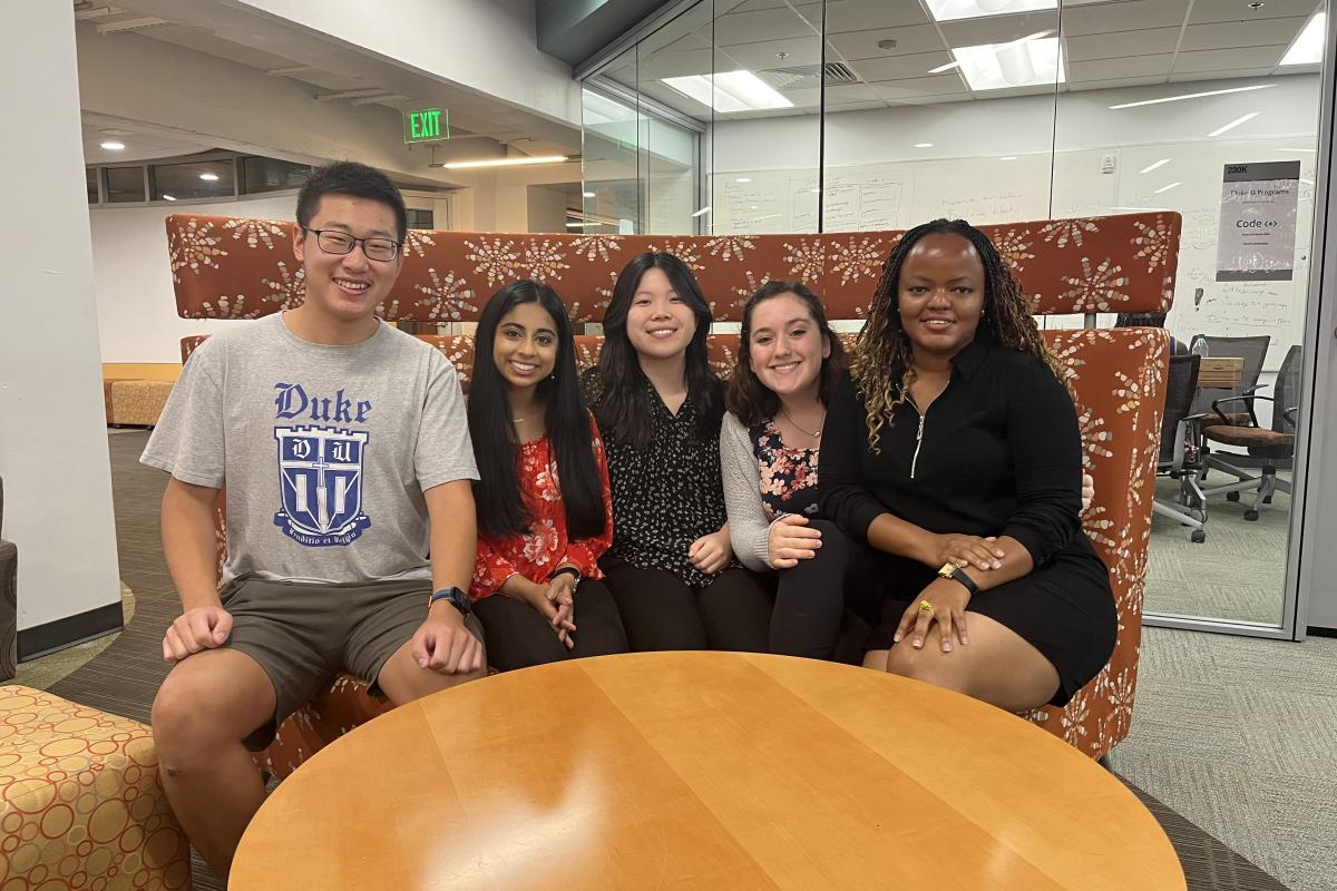 Duke Fixit Code plus team photo, with Emma Fleischman, Esha Kapoor, Angel Mcharo, Haojin Li, and Jennifer Xu