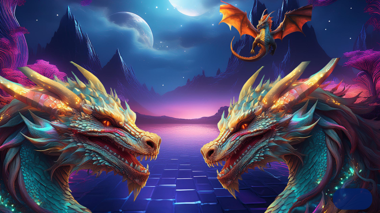 AI-generated dragons facing each other with small dragon flying in distance on moonlit night