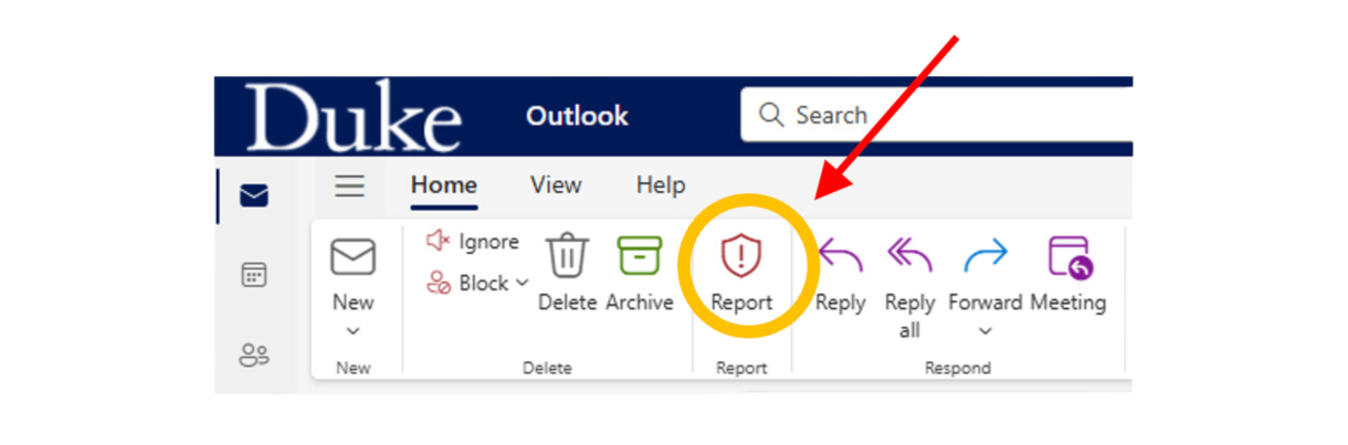 Screenshot of the Outlook toolbar with a yellow circle around the 'Report' button with a red arrow pointing to it.