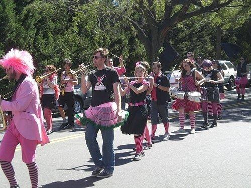 Bendte marches along the street with her SOC Rovers bandmates for a parade.