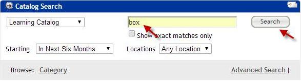 A screenshot that shows a 'catalog search' box with 'box' typed into the search bar. A red arrow points at 'box' and at the 'search' button.