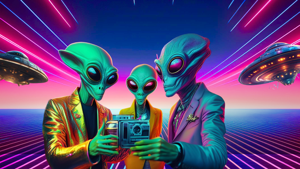 AI aliens in shiny suits taking a selfie with spaceships in the background