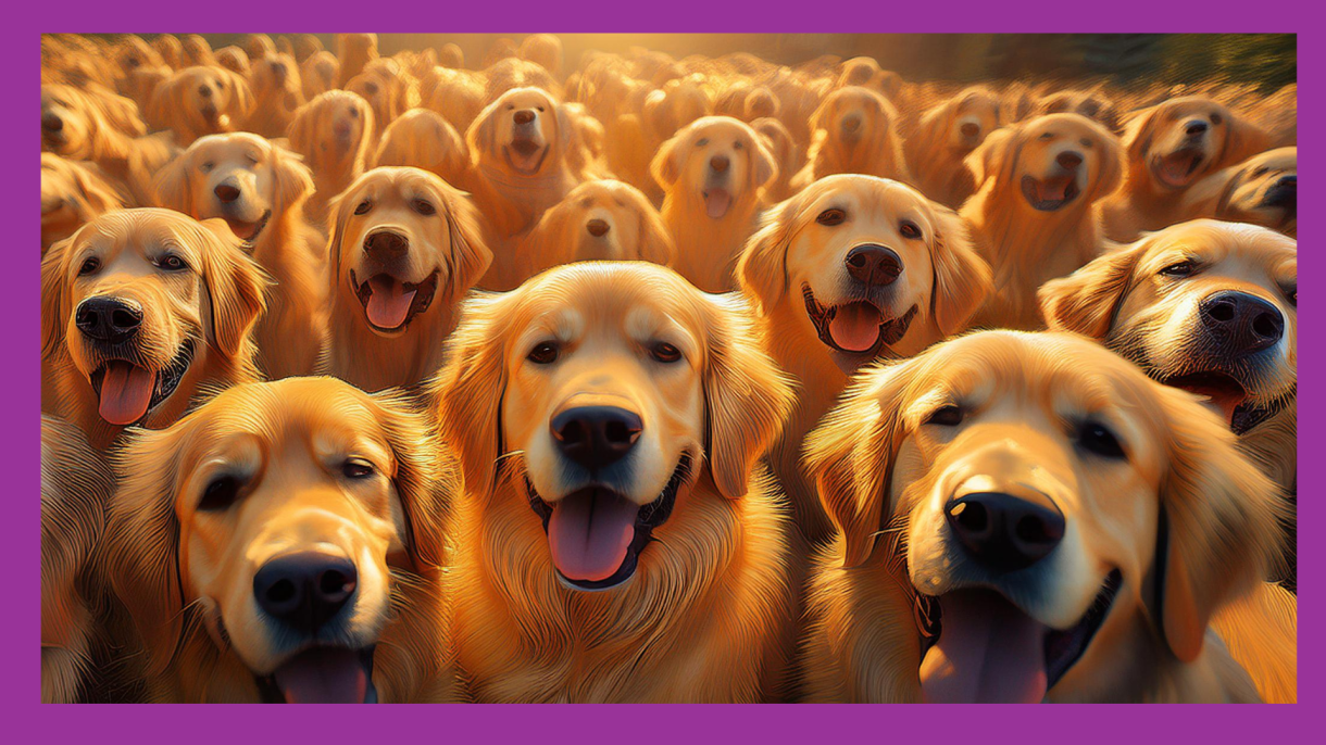 AI-generated image of a field of golden retrievers in the sunshine