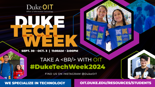 Flyer for Duke Tech Week featuring smiling students holding up their prizes